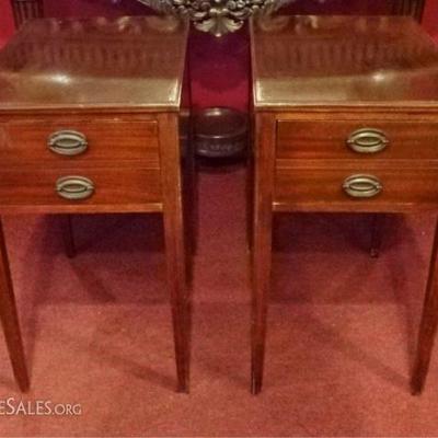 $53.00- PAIR MAHOGANY SIDE TABLES, 2 DRAWERS WITH BRASS PULLS, VERY GOOD CONDITION, 20