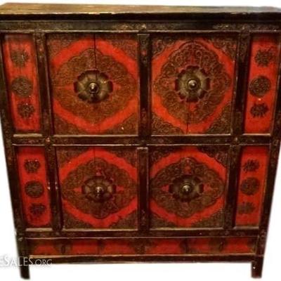 $620.00 - ANTIQUE CHINESE TIBETAN POLYCHROME CABINET, CARVED FOLIATE DESIGNS AND CALLIGRAPHY ON DOORS