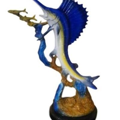 $522.00 - LARGE PATINATED BRONZE SAILFISH SCULPTURE WITH SMALL FISH, ON STONE BASE