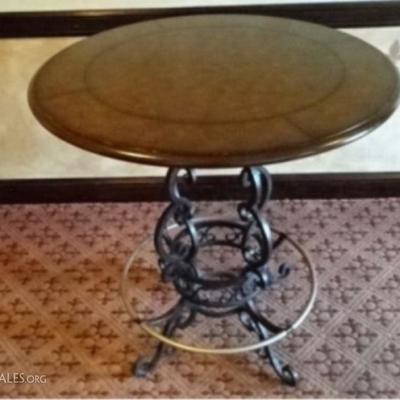 $79.00 - BAR HEIGHT BISTRO TABLE, LEATHER TOP, SCROLLING METAL BASE, BRASS FOOTRAIL