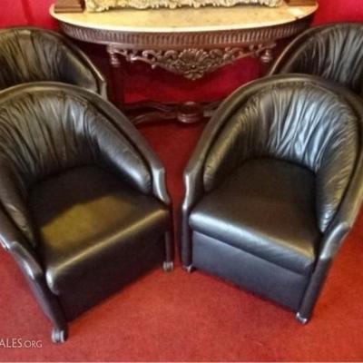 $144.00 - SET OF 4 BLACK LEATHER CLUB CHAIRS ON CASTERS, CURVED BACKS