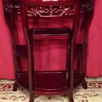 $53.00 - CHINESE ROSEWOOD DEMI LUNE TABLE, CARVED FOLIATE APRON, VERY GOOD LIGHTLY USED CONDITION