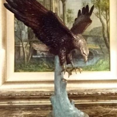 $783.00 - LARGE PATINATED BRONZE BALD EAGLE SCULPTURE ON MARBLE BASE, GOLD GILT ACCENTS, EXCELLENT NEW CONDITION, 28