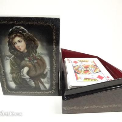 $392.00 - RUSSIAN HAND PAINTED LACQUERED BOX, PORTRAIT OF YOUNG WOMAN ON LID, EROTIC SCENE ON INSIDE