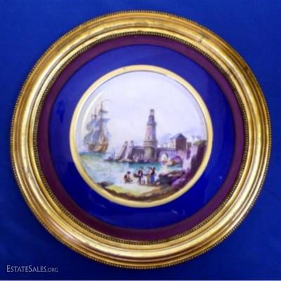 $131.00 - EARLY 1900s FRENCH HAND-PAINTED CHARGER â€œLA POINTE DU RAZâ€ IN PERIOD GOLD GILT FRAME, MARKED AND SIGNED IN VERSO BY ARTIST,...