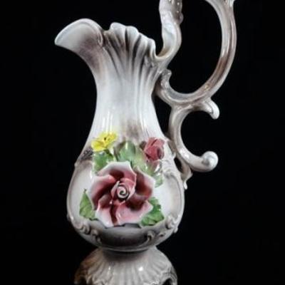 $27.00 - LARGE CAPODIMONTE ITALIAN PORCELAIN PITCHER WITH FLOWERS, WITH N AND CROWN MARK,