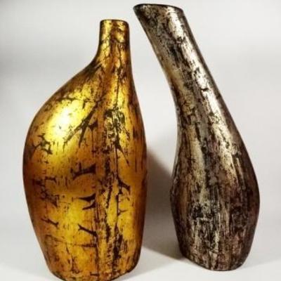 $14.00 - 2 PC POTTERY VASES, METALLIC FINISHES, GOLD APPROX 12.5
