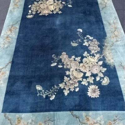 $144.00 - CHINESE ART DECO STYLE WOOL RUG, ROYAL BLUE FIELD WITH FLOWERING TREES, PALE BLUE BORDER