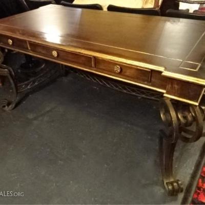 $261.00 - GILT WOOD AND METAL WRITING DESK, ELABORATE SCROLLING LEGS, GOLD GILT ACCENTS, 3 DRAWERS