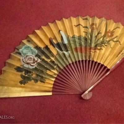 $40.00 - LARGE ASIAN GILT AND PAINTED FAN WITH WOOD FRAME, PAINTED BIRDS AND FLOWERS - 3 FT WIDE