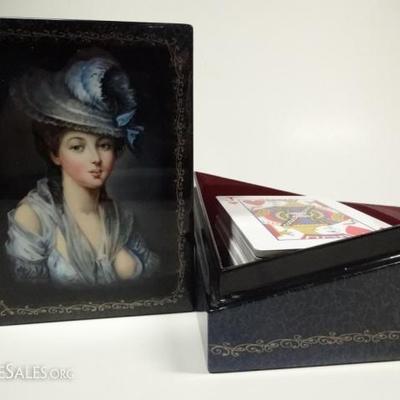 $392.00 - RUSSIAN HAND PAINTED LACQUERED PLAYING CARD BOX, PORTRAIT OF YOUNG WOMAN ON LID, EROTIC 