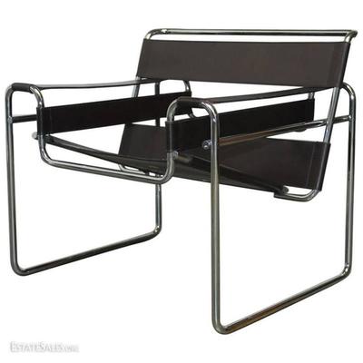 $294.00 - MARCEL BREUER WASSILY STYLE ARMCHAIR REPLICA, TUBULAR CHROME STEEL AND BLACK LEATHER