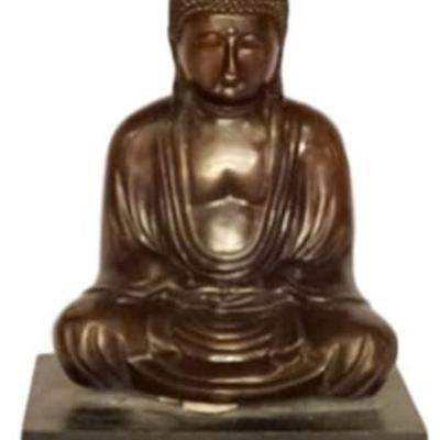 $235.00 - BRONZE SEATED BUDDHA SCULPTURE, ON MARBLE BASE, EXCELLENT CONDITION, 11
