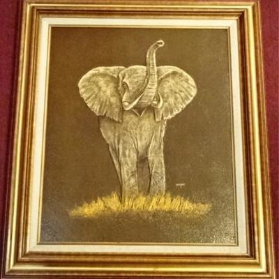 $53.00 - LYDIA COOPER OIL ON CANVAS PAINTING, AFRICAN ELEPHANT, SIGNED COOPER LOWER RIGHT, VERY GOOD