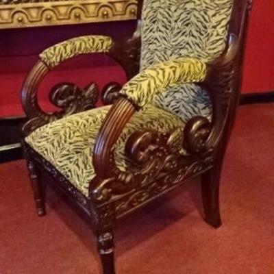 $59.00 - CARVED WOOD ARMCHAIR, ZEBRA STRIPE UPHOLSTERY, DARK FINISH, VERY GOOD CONDITION, 38
