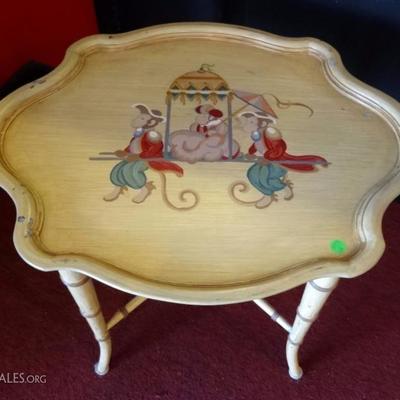 AUCTION ONLY - HOLLYWOOD REGENCY STYLE FAUX BAMBOO TABLE, PAINTED MONKEYS CARRYING A LITTER