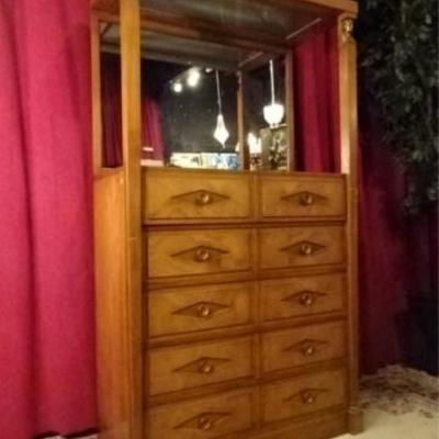 $170.00 - NEOCLASSICAL TALL CHEST, BRASS GREEK REVIVAL FIGURAL ACCENTS, 10 DRAWERS, MIRRORED AND LIG