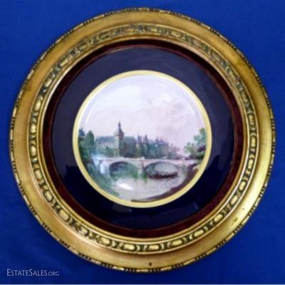 $131.00 - EARLY 1900s FRENCH HAND-PAINTED CHARGER â€œBRIDGE ALEXANDER III & THE GRAND PALACEâ€ IN PERIOD GOLD GILT FRAME, MARKED AND...