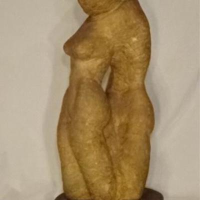 $40.00 - M. RUSSEK CERAMIC SCULPTURE, 2 LOVERS, ON REVOLVING WOOD BASE, LABELED M. RUSSEK AND TITLED 