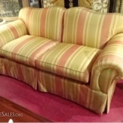 $92.00 - SILK STRIPE SOFA FROM DESIGN CENTER OF THE AMERICAS (DCOTA), WITH ROLL ARMS, SKIRTED BASE