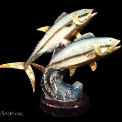 $652.00 - LARGE BRONZE SCULPTURE, 2 TUNA ON MARBLE BASE, GILT AND PATINATED FINISH, EXCELLENT CONDITION, 20