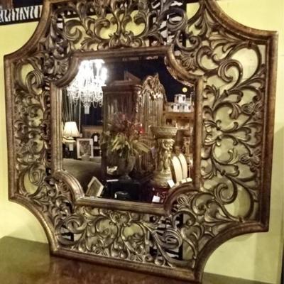 $66.00 - LARGE ORNATE MIRROR, GOLD FINISH WOOD FRAME, ANTIQUED GOLD FINISH, VERY GOOD CONDITION, 53
