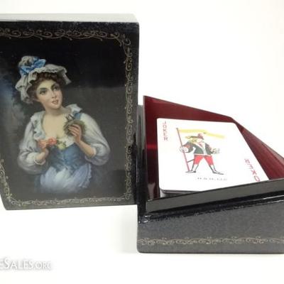 $392.00 - RUSSIAN HAND PAINTED LACQUERED PLAYING CARD BOX, PORTRAIT OF YOUNG WOMAN ON LID, EROTIC 