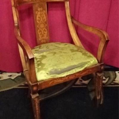 $40.00 - 19TH C. MARQUETRY CHAIR WITH INLAID FOLIATE AND FLORAL DESIGNS, VERY GOOD CONDITION, NEEDS REUPHOLSTERY