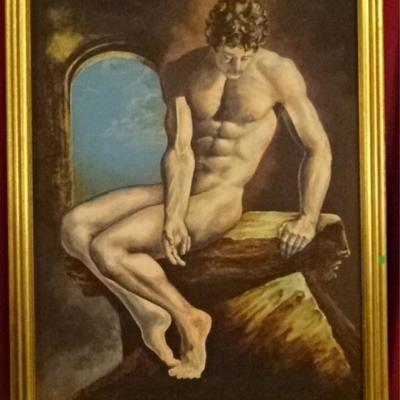 $209.00 - LARGE OIL ON CANVAS PAINTING, SEATED MALE NUDE, UNSIGNED, VERY GOOD CONDITION