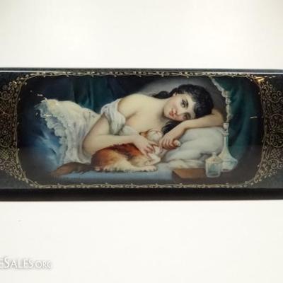 $457.00 - RUSSIAN HAND PAINTED LACQUERED BOX, YOUNG WOMAN WITH CAT ON LID, EROTIC SCENE ON INSIDE