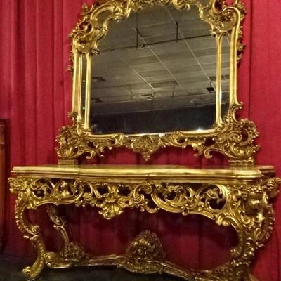 SPECTACULAR ROCOCO CONSOLE TABLE WITH ONYX TOP AND MIRROR - 8 FT. WIDE - THIS ITEM IS AUCTION ONLY!