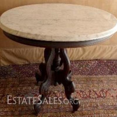 $222.00 - 19TH CENTURY ENGLISH PEDESTAL FINELY CARVED WALNUT OVAL VICTORIAN WALNUT MARBLE TOP CENTER