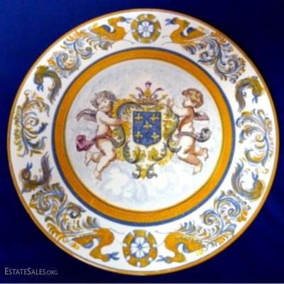 $196.00 - HUGE PORTUGUESE FAIENCE ARMORIAL HAND-PAINTED CERAMIC CHARGER