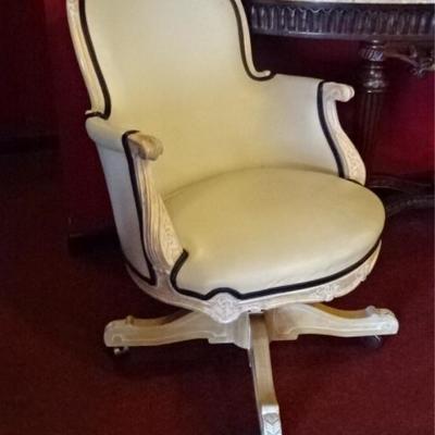 $59.00 - FRENCH STYLE DESK ARMCHAIR ON CASTERS, BONE LEATHER UPHOLSTERY, LIGHT ANTIQUED WHITE FINISH