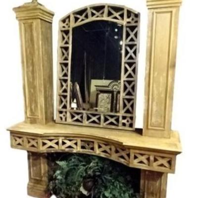 $98.00 - 2 PC CUSTOM WOOD CONSOLE TABLE AND MIRROR, INDOOR /OUTDOOR WOOD CONSTRUCTION WITH COLUMNS AND FINIALS, MIRROR HANGS SEPARATELY...