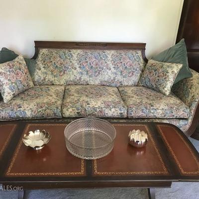 Victorian Style Sofa, Leather Top Coffee Table w/Drop Sides