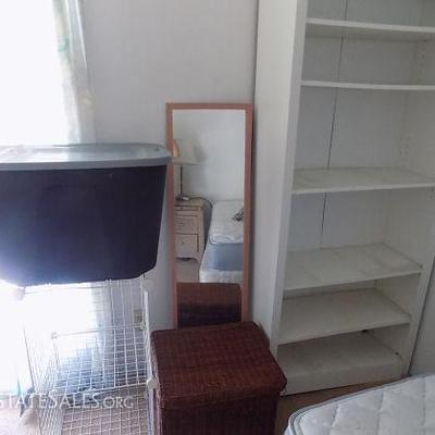 MIT076 White Bookshelf, Mirror, Wicker Storage Box, Wire Shelf 
