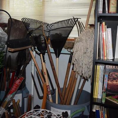 outdoor tools - rakes, brooms, shovels 