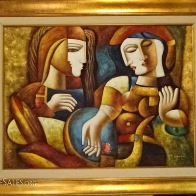 LARGE P. KARMEN ABSTRACT CUBIST PAINTING ON CANVAS, 2 FIGURES, SIGNED P. KAMEN LOWER RIGHT