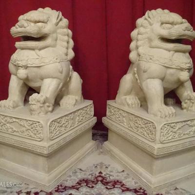 PAIR HUGE CHINESE FOO DOGS, CAST STONE COMPOSITION, VERY GOOD CONDITION, 3' TALL