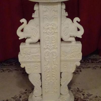 VINTAGE ASIAN WOOD PEDESTAL, CARVED ELEPHANTS, ROUND BASE AND TOP, WHITE FINISH