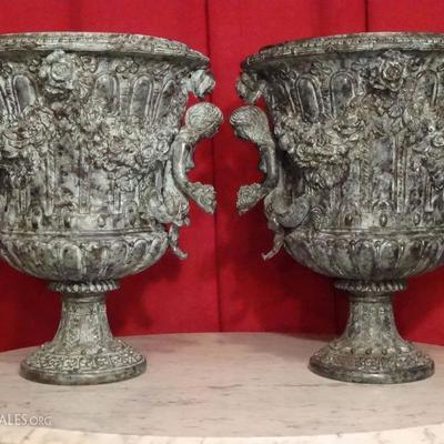 PAIR LARGE CAST METAL URNS WITH FIGURAL HANDLES WITH MER-MEN, VERY GOOD CONDITION
