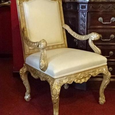 PAIR ROCOCO STYLE GILT WOOD ARMCHAIRS BY GINA B., LEATHER UPHOLSTERED SEATS AND BACKS