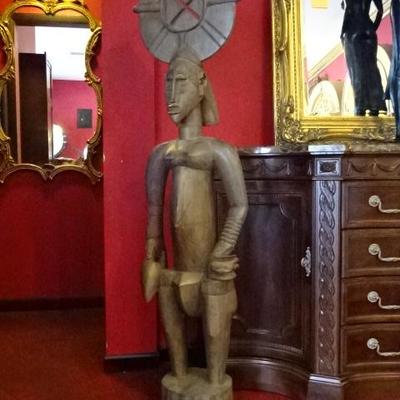 LARGE AFRICAN CARVED WOOD SCULPTURE, FEMALE FIGURE WITH ROUND HEADDRESS