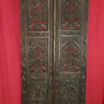 2 PC SOUTHEAST ASIAN WOOD DOORS, OPENWORK CARVED FOLIATE DESIGNS, VERY GOOD VINTAGE CONDITION