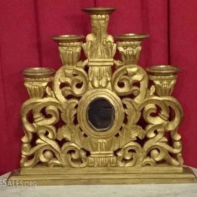 LARGE BAROQUE STYLE WOOD CANDELABRA, GOLD FINISH, 5 LIGHTS, VERY GOOD CONDITION