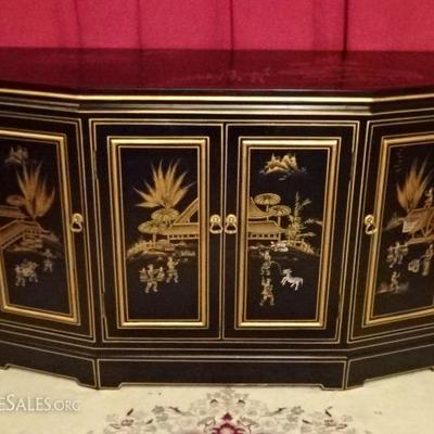 CHINESE BLACK ENAMEL CABINET, GOLD PAINTED LANDSCAPES AND FOLIATE DESIGNS, BRASS PULLS, 4 DOORS
