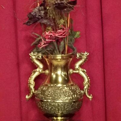 LARGE CHINESE BRASS VASE WITH DUAL DRAGON HANDLES, EMBOSSED DESIGNS, FAUX FLORAL ARRANGEMENT
