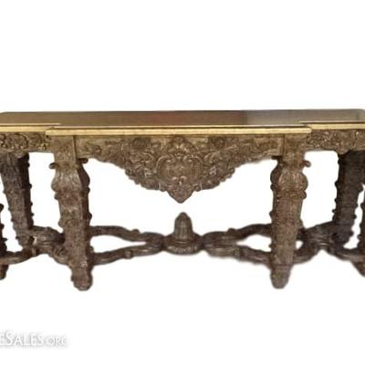 BAROQUE STYLE GILT WOOD CONSOLE TABLE, ELABORATELY CARVED APRON AND LEGS, GOLD FINISH BEVELED WOOD TOP