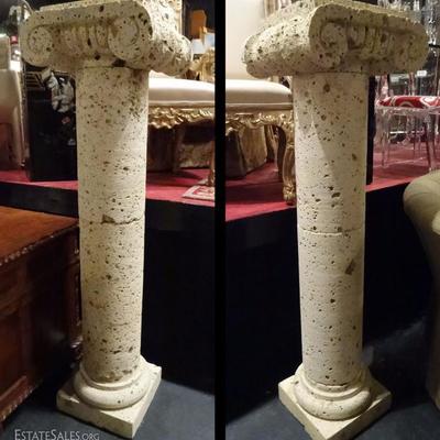 PAIR LARGE NATURAL CORAL ROCK IONIC COLUMS, EACH COLUMN COMPRISED OF 4 SEPARATE PIECES
